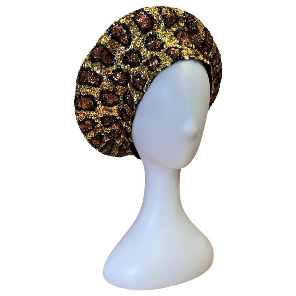 1990s Leopard Sequin Beret – Vintage Beaded Hat w/ Adjustable Strap